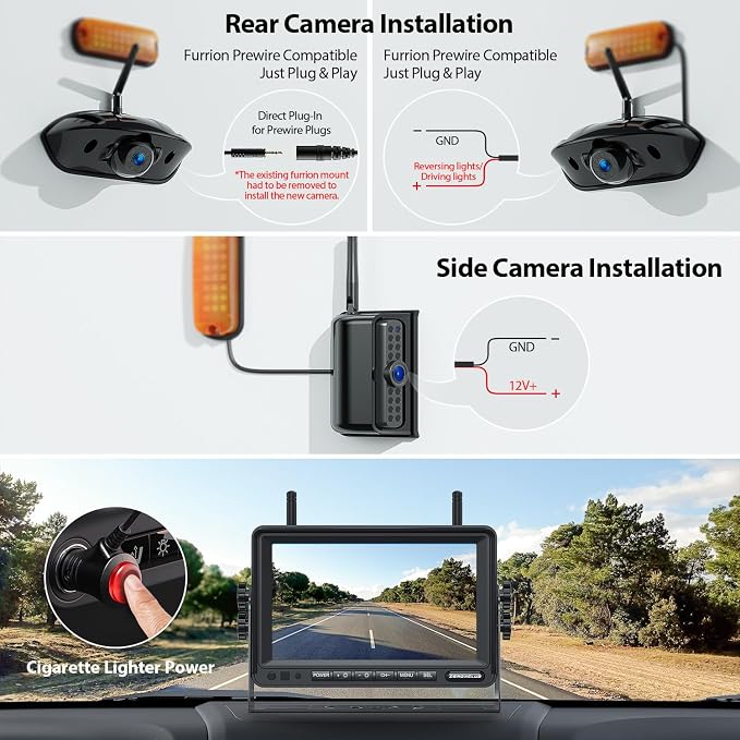 ZEROXCLUB 3-Camera Wireless RV Backup Camera System with 7-Inch Monitor, 1 Rear Sharkfin, 2 Side Cameras, DVR Monitor & IR Night Vision, IP69K Waterproof, Compatible with Furrion Pre-Wired RV Trailer