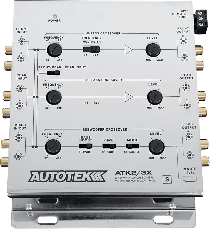 Autotek ATK2 3X Active Crossover Processor (Silver) – 8.5 Volts, 2-Way and 3-Way, Remote Bass Control Included, Built-In Crossovers, Level Adjust