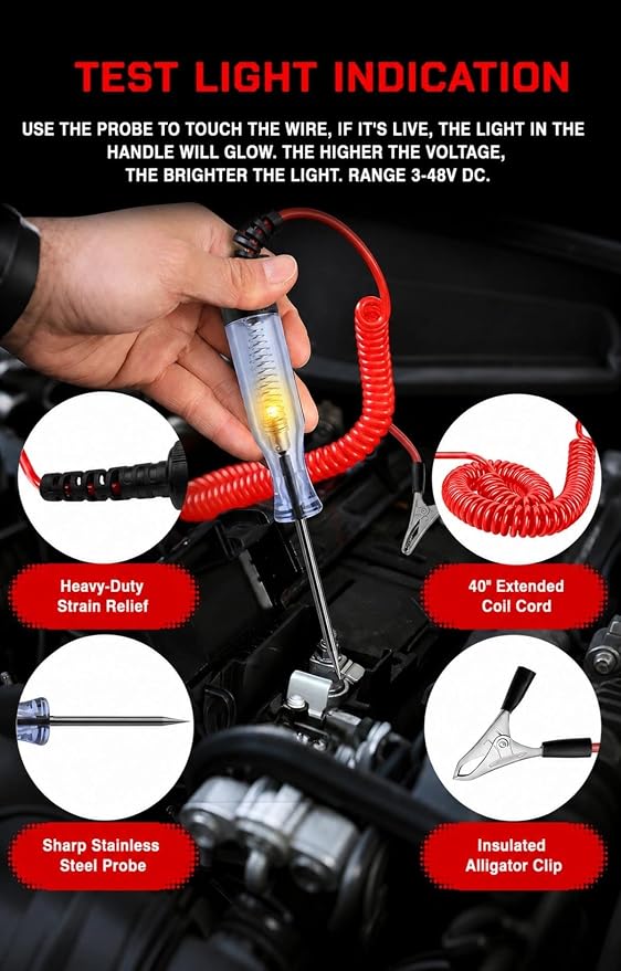 5-Piece Automotive Electrical Disconnect Pliers Set, 60° Angled Tool & Hose Clamp Pliers with 3-48V DC Circuit Test Light for Spark Plug, Ignition Coil, Fuel Line, MAF Sensor
