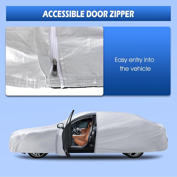 6 Layers Car Cover Waterproof All Weather for Automobiles, Size A4 Universal Fit for Dodge Charger, Lincoln Mkz, Rain Sun Hail Protection with Door Zipper (199-208 inch), Silver