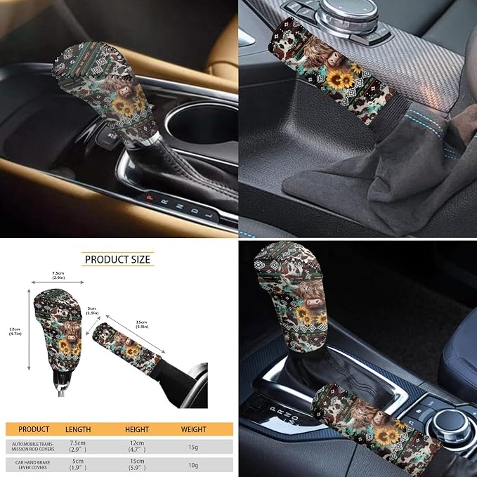 Wanyint Aztec Highland Cow Sunflower Car Seat Cover Full Set Pack of 11, with Steering Wheel Cover Car Coasters Shift Knob Handbrake Protector Coasters Headrest Auto Interior Accessories Decoration