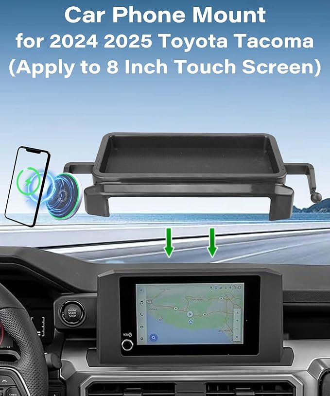 Car Phone Holder for Toyota Tacoma 2024 2025 Accessories Apply to 8 Inch Touch Screen 15W Fast Wireless Charger Screen Fixed Clip Cell Phone Mount with Dashboard Storage Tray