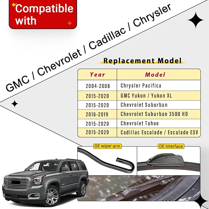 Windshield Wiper Blades Replacement for 2004-2008 Chrysler Pacifica / 2015-2020 GMC Yukon Chevrolet Suburban Tahoe Cadillac Escalade Front Rear Wipers Blade Set - 22" 22" 13"