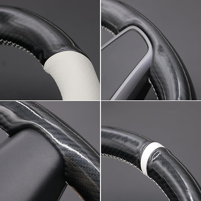 MEWANT Hand Stitch White Faux Leather PU Carbon Fiber Steering Wheel Cover Wrap for Tesla Model Y 2023 Model 3 2023