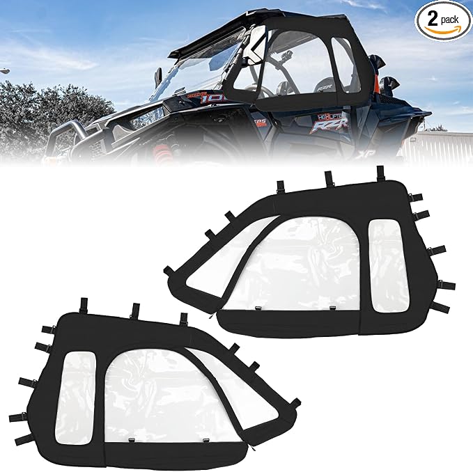RZR Soft Upper Door YKK Zipper Compatible with Polaris RZR XP 1000 / XP Turbo 2014-2023 2-Seater Models, UTV Cab Enclosures Side Windows, Work with Side Mirror Windshield Roof