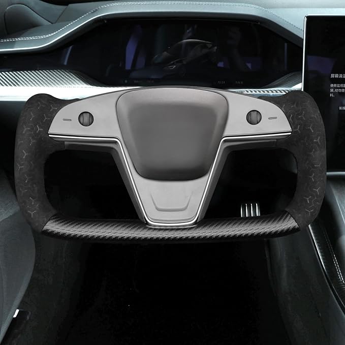 MEWANT DIY Matte PU Carbon Fiber Geom Embossed Athsuede Steering Wheel Cover for Tesla Yoke Model S 2021-2023 Model X