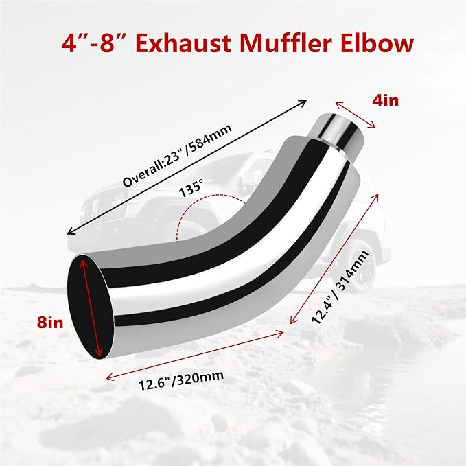 Universal 4" to 8" Exhaust Elbow Pipe with Steel Clamp - Silver Chrome or Black Painted for Car, Truck & Diesel