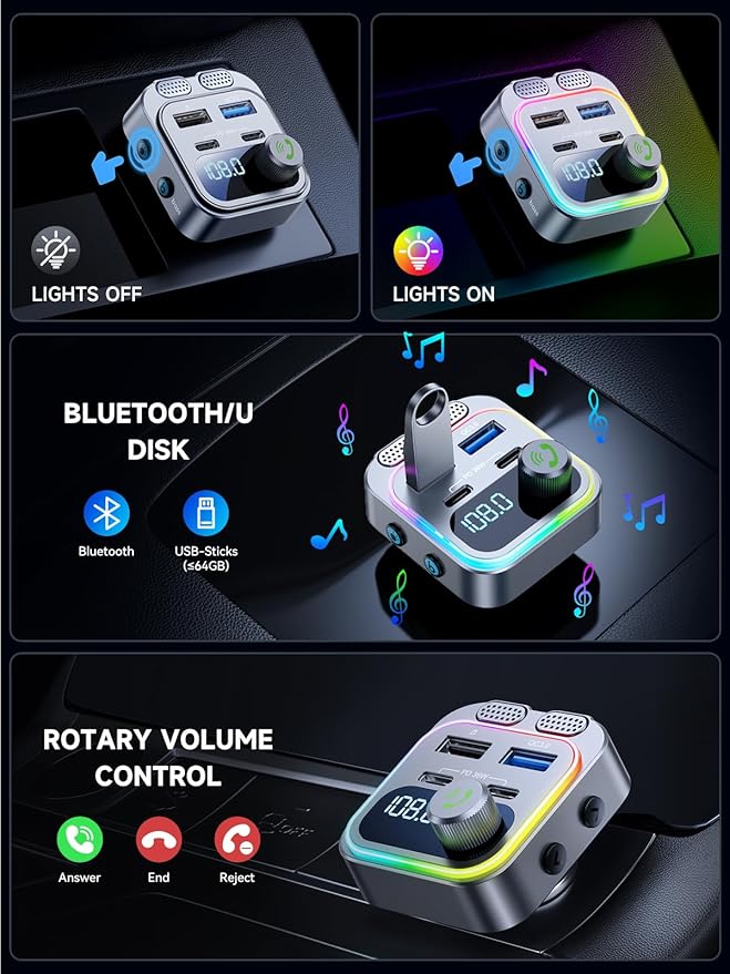 60W Bluetooth 5.4 FM Transmitter Car Adapter [Reinforced Dual Mics & Deep Bass] [Dual PD 60W & QC3.0] Fast Charging Handsfree Calling Wireless Radio Bluetooth Transmitter for Car [Silver]