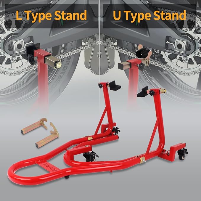 Universal 360°Motorcycle Stand Paddock Rear Lift Combo Bike Wheel Fork Stands Motorcycles Swingarm Spool Stand Adjustable Dismantable Compatible Most for Yamaha Honda Kawasaki Suzuki Red