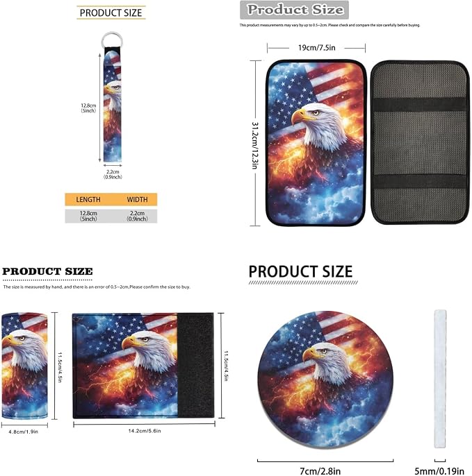 American Flag Eagle Car Seat Covers Car Floor Mats Steering Wheel Cover Armrest Pad Seat Belt Pads Roof Handle Wraps Cup Coaster Keychain Auto Accessories Set of 18 (Lightning Design)