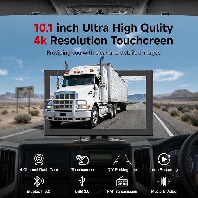 10.1 Inch 4K Touch Screen Wired RV Backup Camera System | 1080P IP69 Waterproof Camera, 4CH DVR Loop Recording & Bluetooth. For Semi Truck, Trailer, Camper, Pickup, Bus, RV