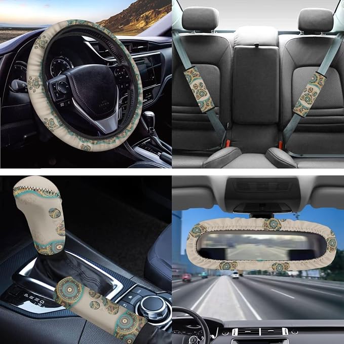 14 Pack Boho Dog Paw Car Seat Covers Full Sets Boho Car Interior Set with Universal Fit Steering Wheel Cover/Seat Belt/Keyring/Coaster/Car Rear View Mirror Covers Automotive Interior Sets