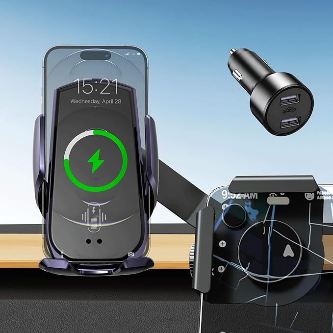 Car Phone Mount for Model 3 & Model Y, Screen Side Custom Fit for Center Display, 15W Wireless Fast Charging Auto-Clamping, Unobstructed View, Compatible with iPhone & Android
