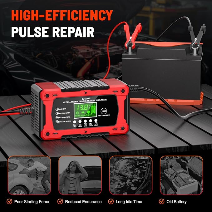 10A 12V Battery Charger for Car Fully Automatic Smart Trickle Charger & Maintainer with LCD Display, Temperature Compensation for Truck, Motorcycle, Boat, Lawn Mower