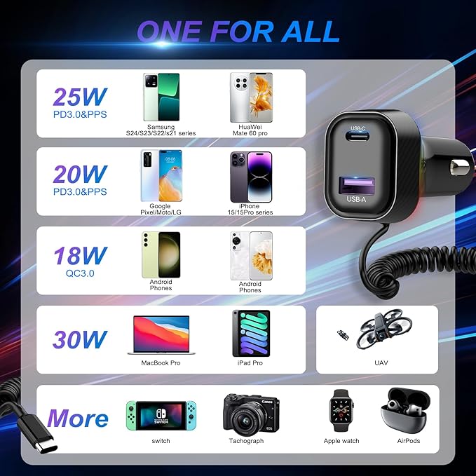 Car Charger 60W Super Fast Charging, QC3.0 USB C Car Phone Charger with 3.2ft PD 30W Type C Cable, 3 in 1 Car Adapter for iPhone 16/15/14/13Pro Max Plus Samsung Galaxy Google Pixel/Android Black