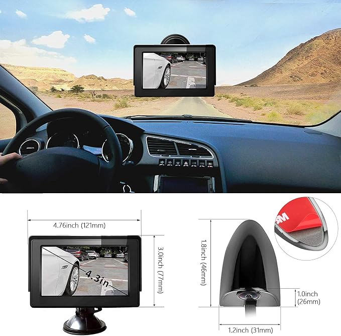 Side View Camera and 4.3” Monitor Kit, Car Door Tape Mounting Blind Spot Camera, Parking Assistance System with HD LCD Screen and Night Vision Cam for Trailers Pickup SUVs RVs