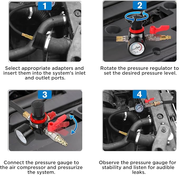 Turbo System Leakage Tester Kit with 4 Pairs of Stepped Adapters 1-3/8" to 3-1/2", Turbocharger Boost Leak Tester Kit for Most Vehicles
