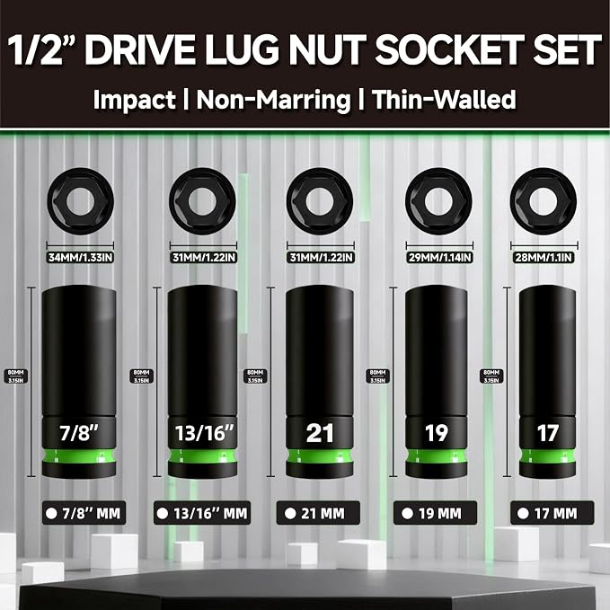 Impact Lug Nut Socket Set, 5-Piece 1/2-inch Drive Non-Marring Thin Wall Deep Socket Set for Wheel Nuts, SAE & Metic Wheel Protector Removal Tool, Cr-Mo Steel, PTM02005