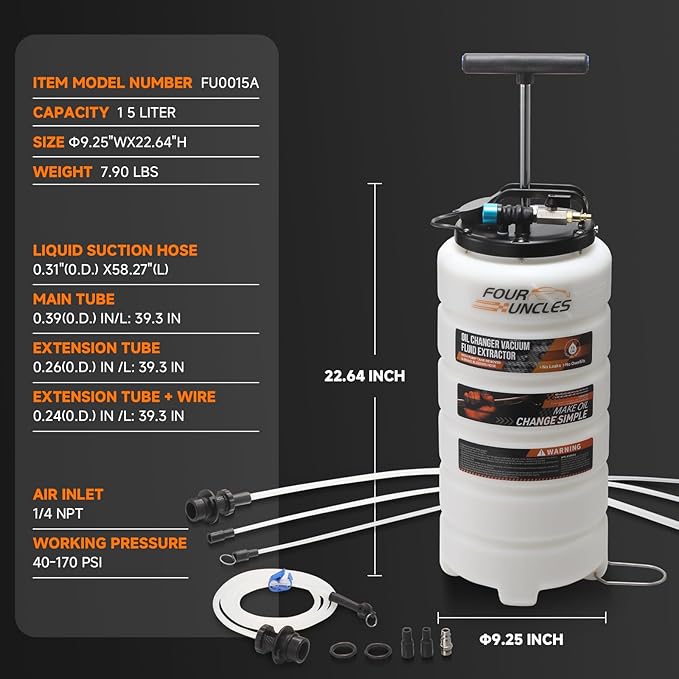 FOUR UNCLES Oil Extractor - Vacumm Fluid Extractor with Pump Tank Remover & Tubes for Oil Change and a Hose for Brake Bleeding