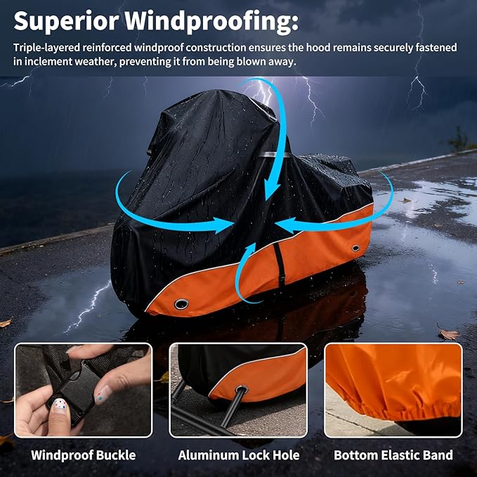 Motorcycle Cover 420D Heavy Duty All-Season Weatherproof Outdoor Protective Cover, Featuring Ventilation Holes & Night Reflective, 86" XL Vehicle Cover/Black Orange