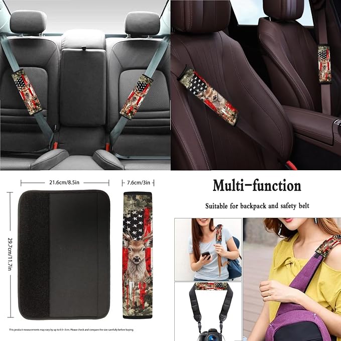 Suobstales Deer American Flag Camo Print Car Accessories Car Seat Covers Full Set of 11, Auto Interior Cover Seat Protector with Steering Wheel Cover, Seat Belt Pads, Coaster, Keychains