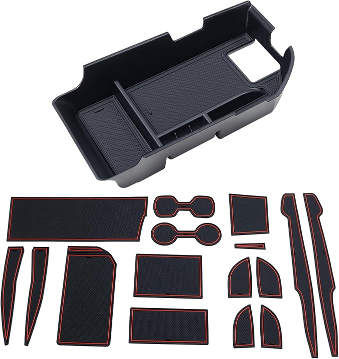 TOPINSTALL Black Center Console Tray and Red Rubber Liners Compatible with 2018-2024 Camry Accessories, Interior Armrest Storage Console Organizer Non-Slip Cup Holder Door Pocket Rubber Mats