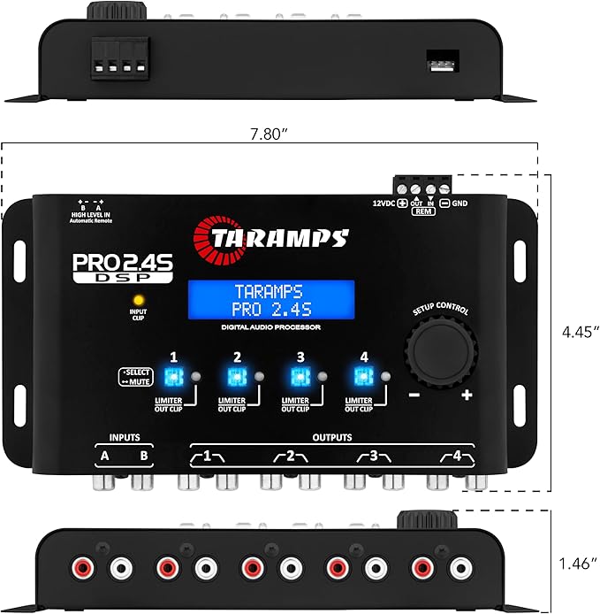 Taramp's Pro 2.4S DSP Crossover full Digital Signal Processor and Equalizer with sequencer 15-band Graphic Equalization 12 preset EQ 2-Channel in and 4-Channel Out