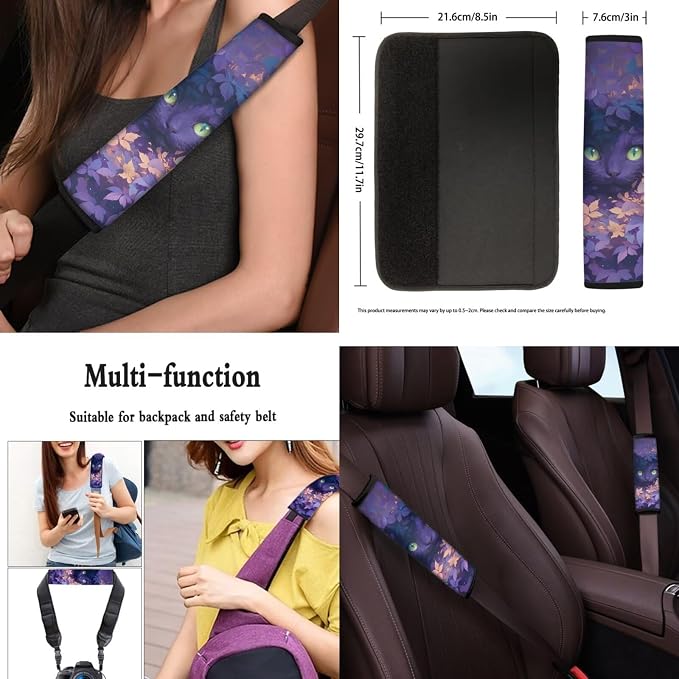 Cute Black Cat Car Interior Accessories for Women, Car Seat Covers Full Set with Auto Steering Wheel Cover Center Console Pad Seat Belt Covers, Auto Decorations Set of 8
