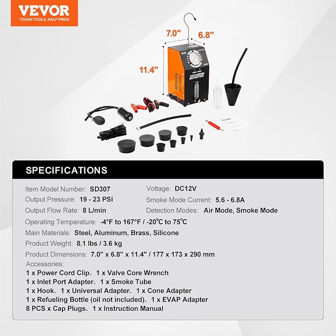 VEVOR Automotive Smoke Machine Leak Detector, DC 12V EVAP Vacuum Diagnostic Tester with Built-in Air Pump, Pressure Gauge & Flow Meter, 2-Mode Fuel Detector for Cars, Motorcycles, Trucks, Boats, ATVs