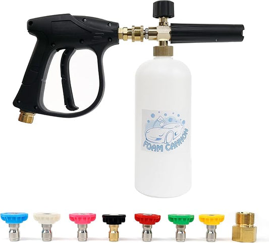Short Pressure Washer Gun with Foam Cannon, Soap Gun for Pressure Washer, 1/4 Inch Quick Connector, with 7 Nozzle Tips, Container Capacity: 1 Liter