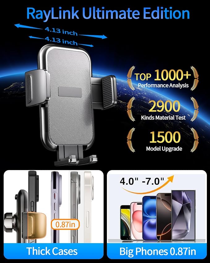 RayLink Phone Holders for Your Car 2026 Ultimate Phone Mount Military-Grade Windshield Dashboard Vent【Newest Best Strongest】 Cell Phone Car Mount for iPhone 17 Pro Max 16 Samsung Android