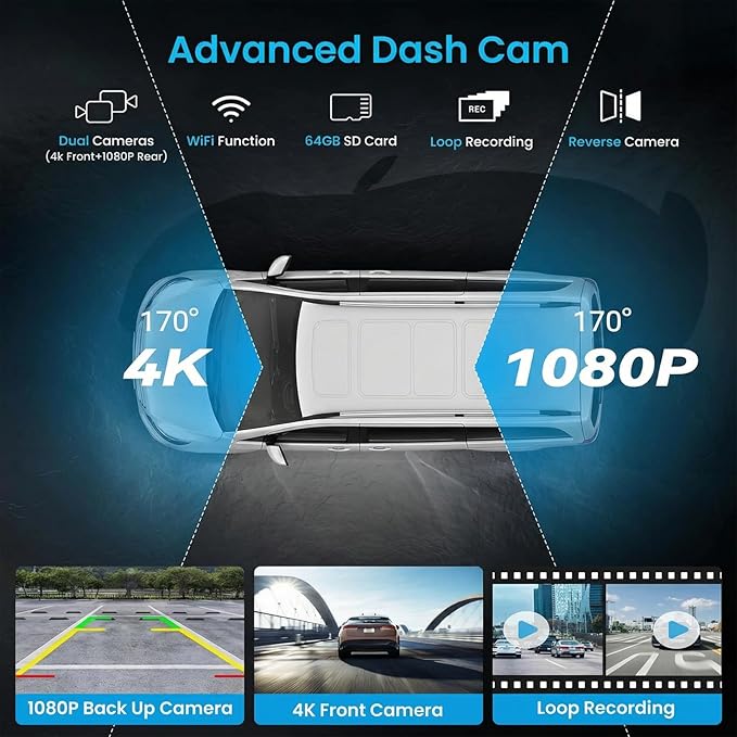 10.26 Inch Wireless Apple CarPlay & Android Auto Screen for Car with 4K Dash Cam,Ultra-Light Touchscreen, IP68 1080P Backup Camera, GPS Navigation, Voice Control, Mirror Link(No Card)