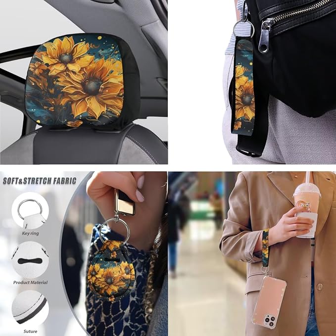 Sunflower Car Seat Cover Set 13 Pcs, Oil Painting Art Seat Belt Strap Pads Cup Coasters Armrest Pad, Watercolor Flower Vehicle Headrest Cover Steer Wheel Covers