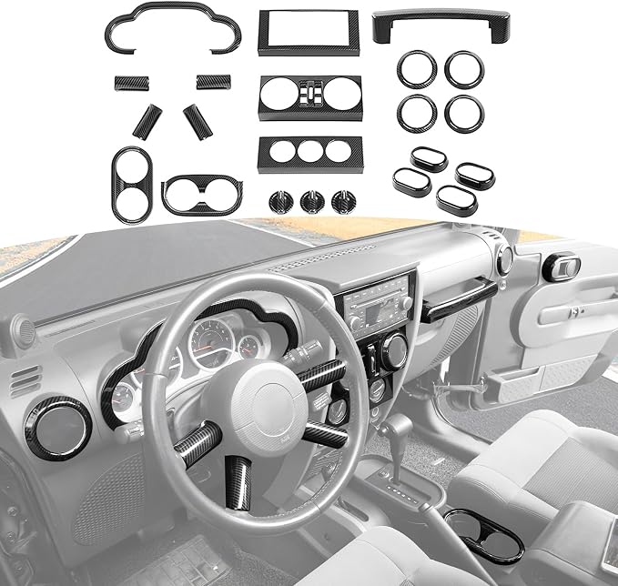 for Jeep JK Carbon Fiber Dashboard Center Console Interior Trim Cover for Jeep Wrangler JK JKU 2007-2010 Black Carbon Fiber Grain Interior Accessories 22pcs