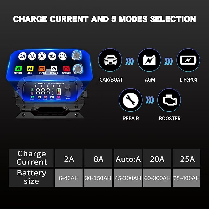 Car Battery Charger 25A, 12V/24V LiFePO4 Battery Charger Automotive, Adjustable Amp Trickle Charger with Auto Detection, Boost Mode, Battery Repair, for Car Truck Motorcycle AGM Gel SLA Deep Cycle