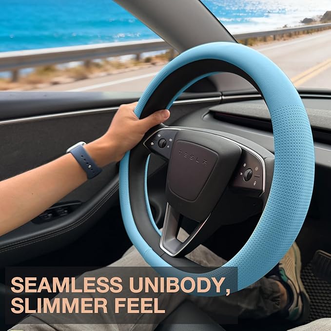 PINCTROT Nappa Leather Steering Wheel Cover for Tesla Model Y/3 Highland/Juniper, D Shaped 14 Inch Small Sized with Breathable Perforation, Fit Like Gloves, Flat Bottom 14 Inch(Nappa Aqua)