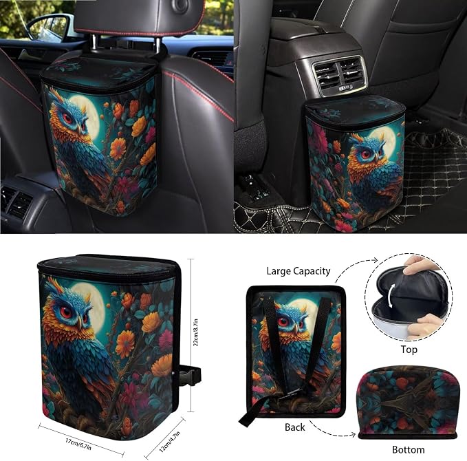 Owl Moon Print Auto Seat Covers Full Set for Women Dust-Proof Decorative Car Seat Cover for Front Back Seats with Steering Wheel Protector Safety Belt Pads etc