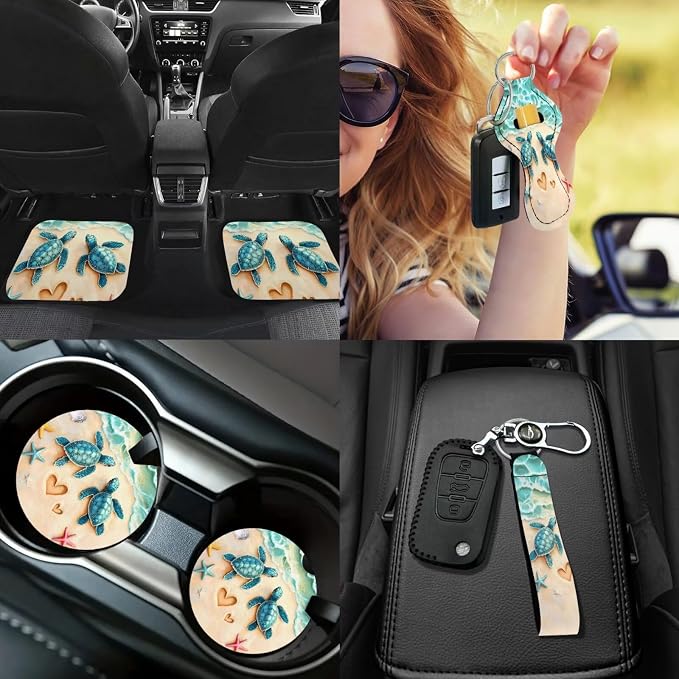 Sea Turtle Car Cover Seat Full Sets of 17 Pcs Green Sea Turtle Car Accessories Set with Steering Wherl Cover Seat Belt Cover Pad Car Mats Full Set Animal Vehicle Seat Covers Accessories