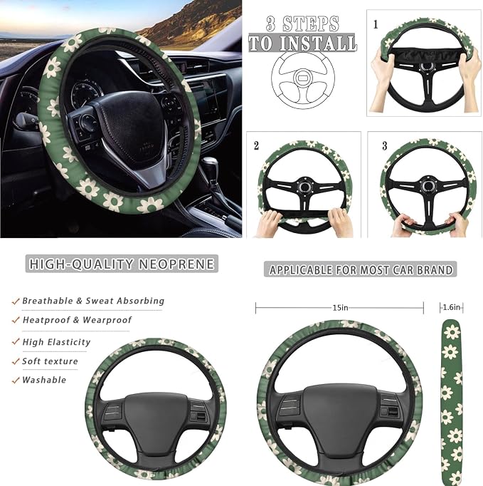 12 Pack Green Groovy Flower Car Seat Cover Sets Abstract Hippie Floral Seat Cushion for Women，Non Slip Coaster +15Inch Steering Wheel Covers Safety Seatbelt Keychains Decor Accessories