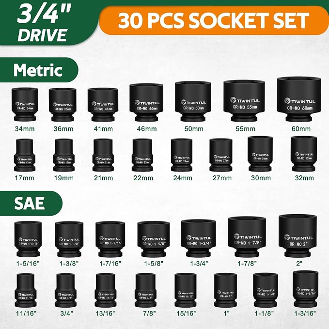 3/4” Impact Socket Set 30 PCS, SAE 11/16” - 2” & Metric 17-60mm | 6-Point Design, CR-MO Steel, Rugged Construction, Heavy Duty Large Impact Sockets for Construction & Agricultural Machinery