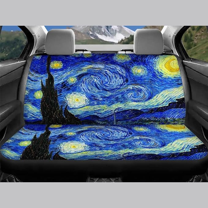Xoenoiee Universal 11 Pack Car Seat Cover Front & Rear Protector SUV Car Full Set for Women with Steering Wheel Cover + Seat Belt Cover+ Cup Coasters+ Key Chains - Van Gogh Starry Night