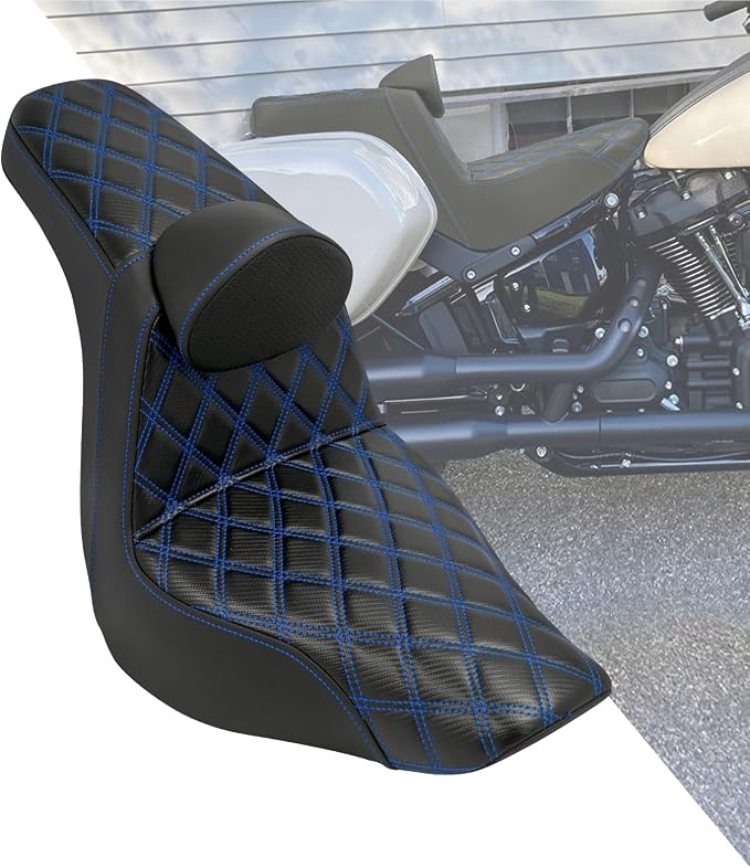 Motorcycle Seat Driver Passenger Seat with Backrests for Harley Low Rider Low Rider S ST 2018-up (Black with blue stitching)