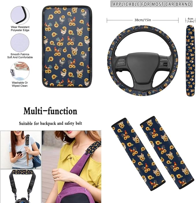 Mumeson Sunflower Rooster Car Seat Covers + 2 Pack Soft Car Seatbelt Covers Shoulder Cushion + Steering Wheel Covers Sweat Absorption + Car Armrest Cover Center Console Mats 8 Pack Set