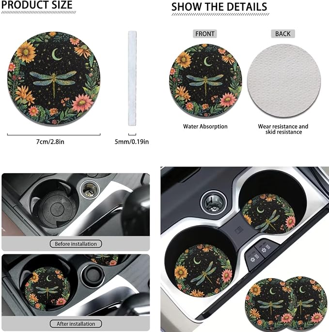 POLERO Starry Night Dragonfly Car Seat Covers for Women Aesthetic Car Interior Accessories Floral Auto Steering Wheel Cover Set 11Pcs