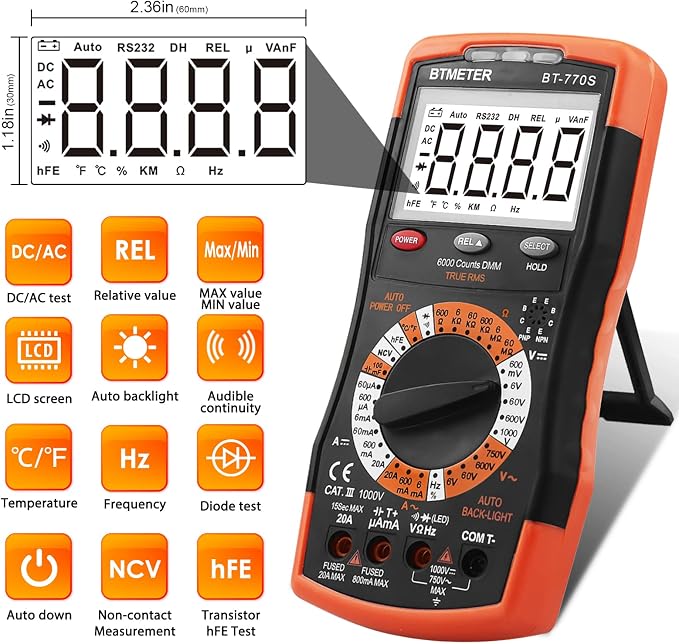 BTMETER BT-770S Multimeter Manual Ranging Electric Meter, for AC DC Volt Amp Ohm Capacitance Frequency with Continuity Tester, Auto Backlit for Automotive Hobbyist Electrical Home