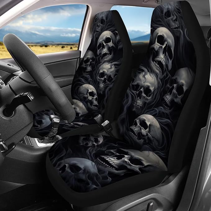 13 Pcs Skull Car Seat Covers Full Set with Auto Steering Wheel Cover Armrest Cushion Protector Seat Belt Covers, Automotive Interior Sets Unverisal Fit Cars SUV Turcks