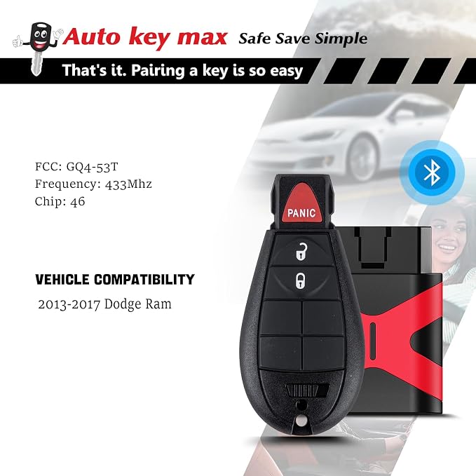 Programmable Keyfob, Replacement Car Keys Fob and DIY Programmer Kit for 2013-2017 Dodge RAM 1500 2500 3500 Remote GQ4-53T