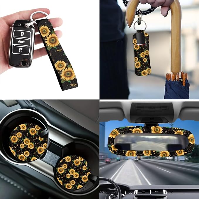 Sunflower Print Car Seat Covers Full Set with Steering Wheel Cover Car Seat Belt Cover Rear View Mirror Cover Car Trash Can Car Coasters Wristlet Keychain Keychains，Set 12 Pcs