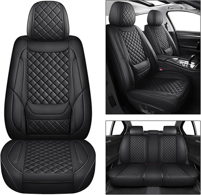 Black Leather Car Seat Covers Full Set Breathable Seat Protectors Waterproof Automotive Seat Covers Universal Fit for Most Cars SUVs Trucks Vehicles