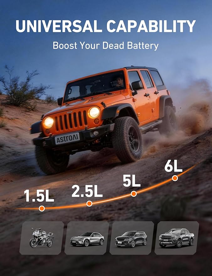 AstroAI S8 Car Battery Jump Starter, Car Jumper Starter Battery Pack for Up to 6.0L Gas & 3.0L Diesel Engines, 12V Portable Jump Box with 3 Modes Flashlight and Jumper Cable (Orange)